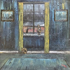Tortoiseshell Cat In Blue Room Of A Northern Home.