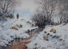 Shepherd and his flock in the snow